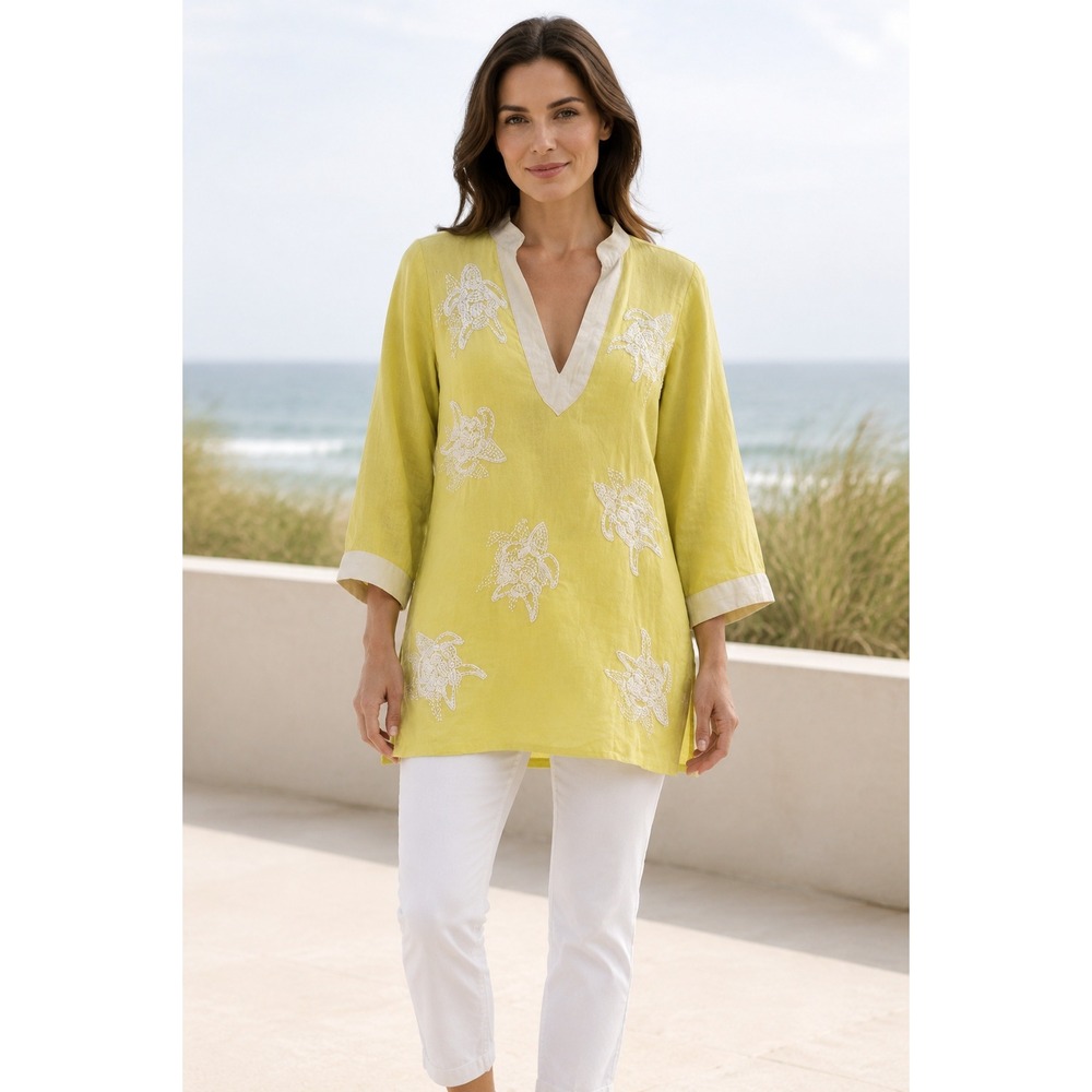 Barbara Gerwit Linen Tunic XS Yellow Sea Turtle Beaded Coastal Lagenlook Resort